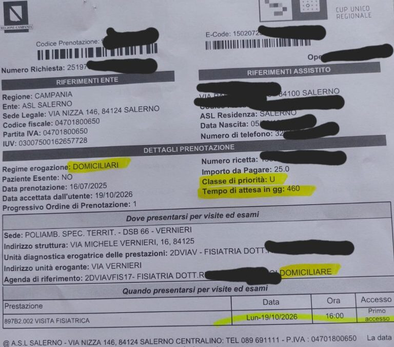 Salerno, odissea liste d’attesa: la visita urgente a uomo allettato fra 460 giorni